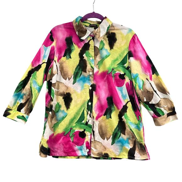 Dana Buchman Top M Watercolor Floral Bold Button Down Resort Travel Boho Beachy - Picture 1 of 15